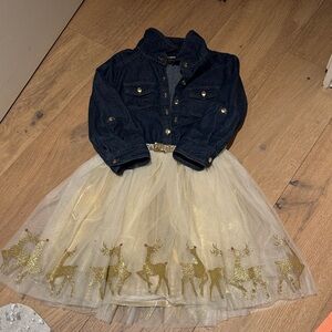 Zunie Denim with Gold belt and reindeer tutu dress